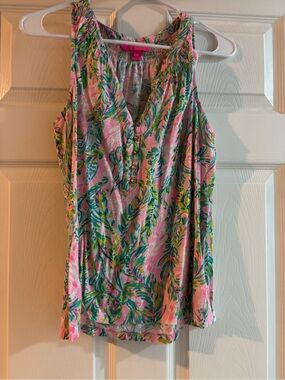 Lilly Pulitzer Pink Tropical Print Sleeveless Henley Top
